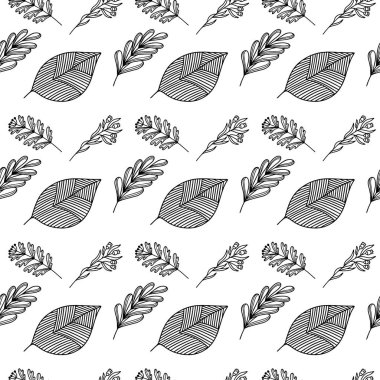 El yapımı bitki dallarının ve yapraklarının kusursuz deseni. Arkaplan, tekstil ve tasarım için vektör karalama biçimi.