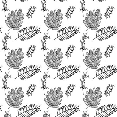 El yapımı bitki dallarının ve yapraklarının kusursuz deseni. Arkaplan, tekstil ve tasarım için vektör karalama biçimi.