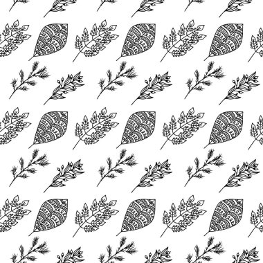 El yapımı bitki dallarının ve yapraklarının kusursuz deseni. Arkaplan, tekstil ve tasarım için vektör karalama biçimi.