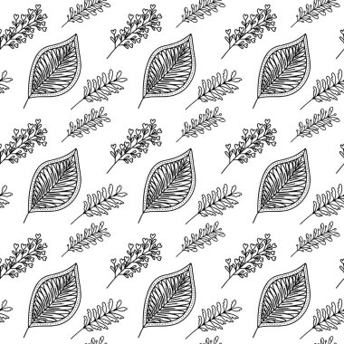 El yapımı bitki dallarının ve yapraklarının kusursuz deseni. Arkaplan, tekstil ve tasarım için vektör karalama biçimi.