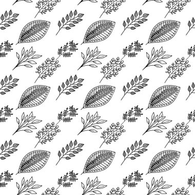 El yapımı bitki dallarının ve yapraklarının kusursuz deseni. Arkaplan, tekstil ve tasarım için vektör karalama biçimi.