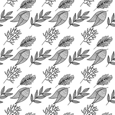 El yapımı bitki dallarının ve yapraklarının kusursuz deseni. Arkaplan, tekstil ve tasarım için vektör karalama biçimi.