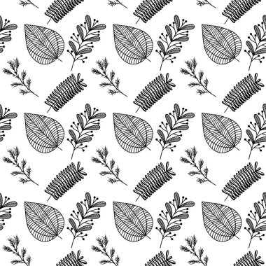 El yapımı bitki dallarının ve yapraklarının kusursuz deseni. Arkaplan, tekstil ve tasarım için vektör karalama biçimi.