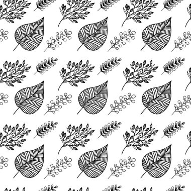 El yapımı bitki dallarının ve yapraklarının kusursuz deseni. Arkaplan, tekstil ve tasarım için vektör karalama biçimi.