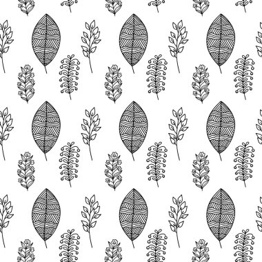 El yapımı bitki dallarının ve yapraklarının kusursuz deseni. Arkaplan, tekstil ve tasarım için vektör karalama biçimi.