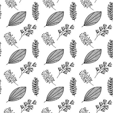 El yapımı bitki dallarının ve yapraklarının kusursuz deseni. Arkaplan, tekstil ve tasarım için vektör karalama biçimi.
