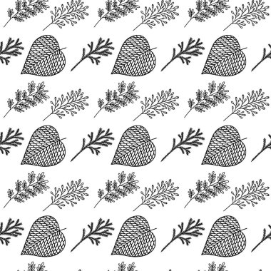 El yapımı bitki dallarının ve yapraklarının kusursuz deseni. Arkaplan, tekstil ve tasarım için vektör karalama biçimi.