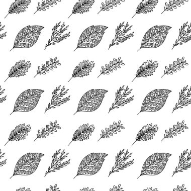El yapımı bitki dallarının ve yapraklarının kusursuz deseni. Arkaplan, tekstil ve tasarım için vektör karalama biçimi.