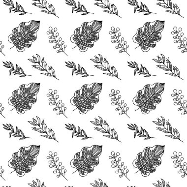 El yapımı bitki dallarının ve yapraklarının kusursuz deseni. Arkaplan, tekstil ve tasarım için vektör karalama biçimi.