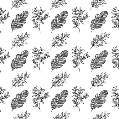 El yapımı bitki dallarının ve yapraklarının kusursuz deseni. Arkaplan, tekstil ve tasarım için vektör karalama biçimi.