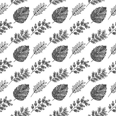 El yapımı bitki dallarının ve yapraklarının kusursuz deseni. Arkaplan, tekstil ve tasarım için vektör karalama biçimi.