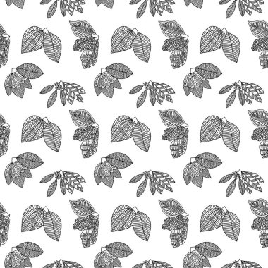 El yapımı bitki dallarının ve yapraklarının kusursuz deseni. Arkaplan, tekstil ve tasarım için vektör karalama biçimi.