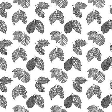El yapımı bitki dallarının ve yapraklarının kusursuz deseni. Arkaplan, tekstil ve tasarım için vektör karalama biçimi.