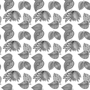 El yapımı bitki dallarının ve yapraklarının kusursuz deseni. Arkaplan, tekstil ve tasarım için vektör karalama biçimi.