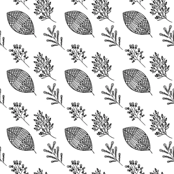 El yapımı bitki dallarının ve yapraklarının kusursuz deseni. Arkaplan, tekstil ve tasarım için vektör karalama biçimi.