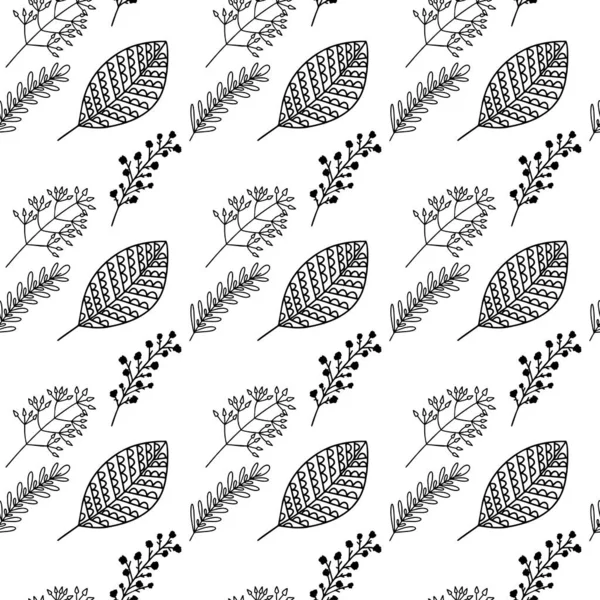 El yapımı bitki dallarının ve yapraklarının kusursuz deseni. Arkaplan, tekstil ve tasarım için vektör karalama biçimi.