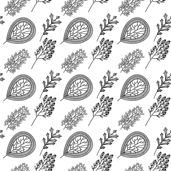 Nahtloses Muster Aus Handgezeichneten Zweigen Und Blättern Vektor Blumen Doodle — Stockvektor