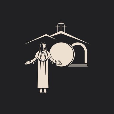 İsa Mesih 'i diriltti. Boş bir mezar ve yuvarlanmış bir taş. Golgotha 'da üç haç. Paskalya vektörü illüstrasyonu.