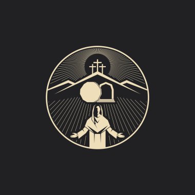İsa Mesih 'i diriltti. Boş bir mezar ve yuvarlanmış bir taş. Golgotha 'da üç haç. Paskalya vektörü illüstrasyonu.
