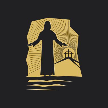 Paskalya vektör illüstrasyonu. Hz. İsa dirilir ve mezardan çıkar. Golgotha 'da üç haç..