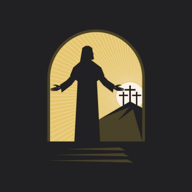 Paskalya vektör illüstrasyonu. Hz. İsa dirilir ve mezardan çıkar. Golgotha 'da üç haç..