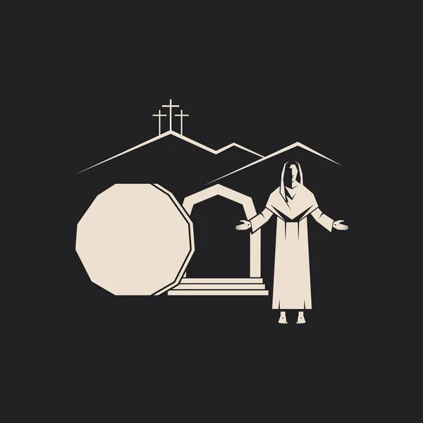 Jésus Christ Ressuscité Tombeau Vide Une Pierre Roulée Trois Croix — Image vectorielle