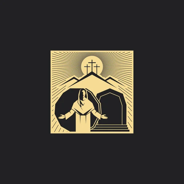 Jésus Christ Ressuscité Tombeau Vide Une Pierre Roulée Trois Croix — Image vectorielle