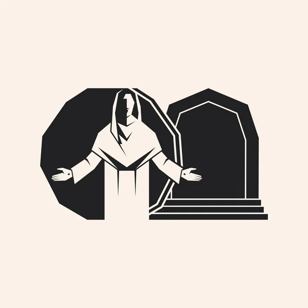イエス キリストを復活させました 空の墓と転がる石 イースターベクトルイラスト — ストックベクタ