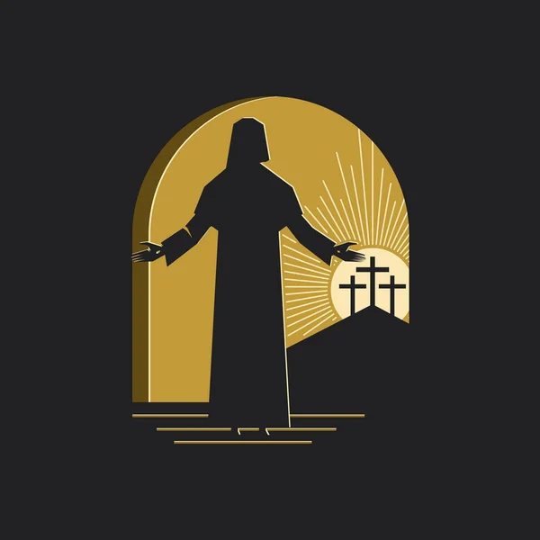 Easter Vector Illustration Jesus Christ Resurrected Comes Out Tomb Three — Stock Vector