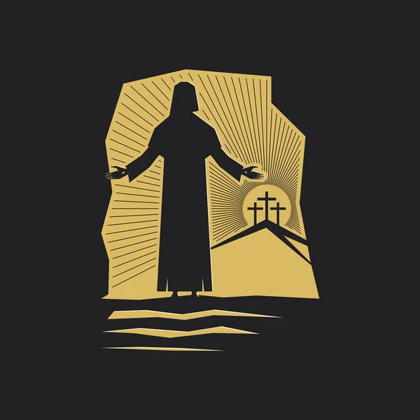 Illustration Vectorielle Pâques Jésus Christ Est Ressuscité Sort Tombeau Trois — Image vectorielle