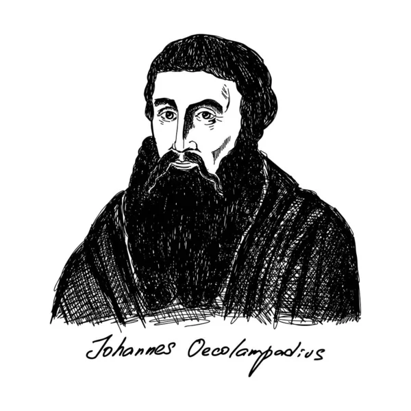 约翰内斯 欧科兰帕迪斯 Johannes Oecolampadius 1482年 1531年 是一位德国新教改革者 其改革传统来自选举宫 他是1526年巴登起义中新教派别的领导人 也是新教的缔造者之一 — 图库矢量图片