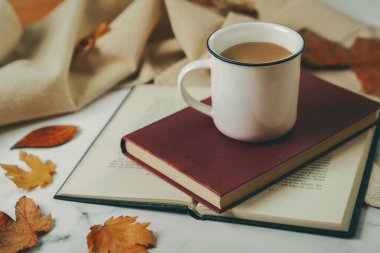 Sonbahar yapraklı kitaplar ve bir fincan kahve. Seçici odak