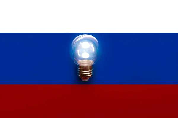 Ruská Národní Vlajka Žárovkou Koncept Omezení Elektřiny Světla — Stock fotografie