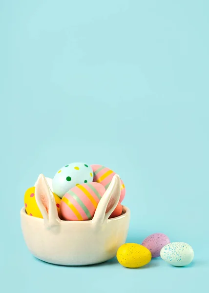 Happy Easter Colored Easter Painted Eggs Bunny Ears Bowl Copy — Stock Photo, Image