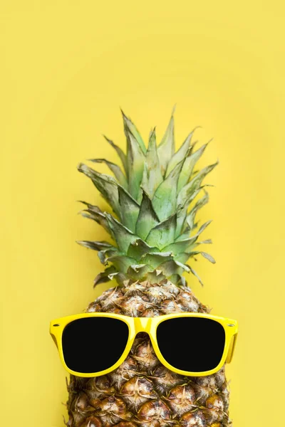 Summertime Concept Pineapple Yellow Sunglasses Space Text Yellow Background —  Fotos de Stock