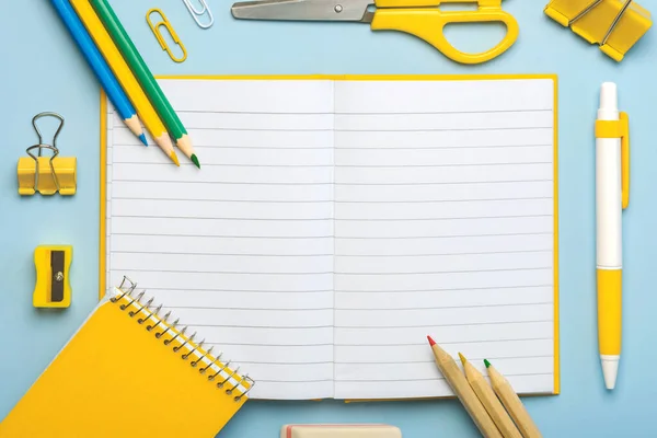 Top View Blank Notepad Open School Supplies Space Text Blue — Stockfoto