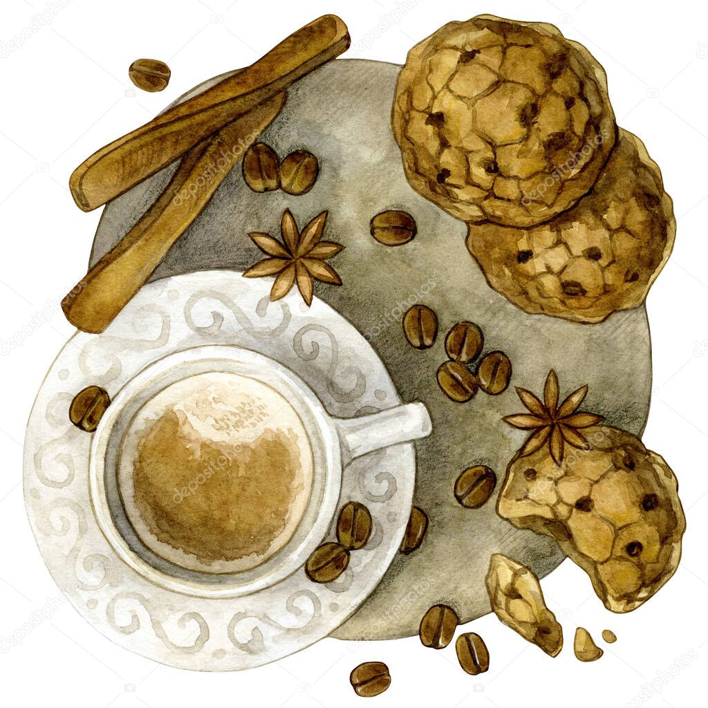 Watercolor illustration with coffee, cookies, and cinnamon. Isolated on white background.