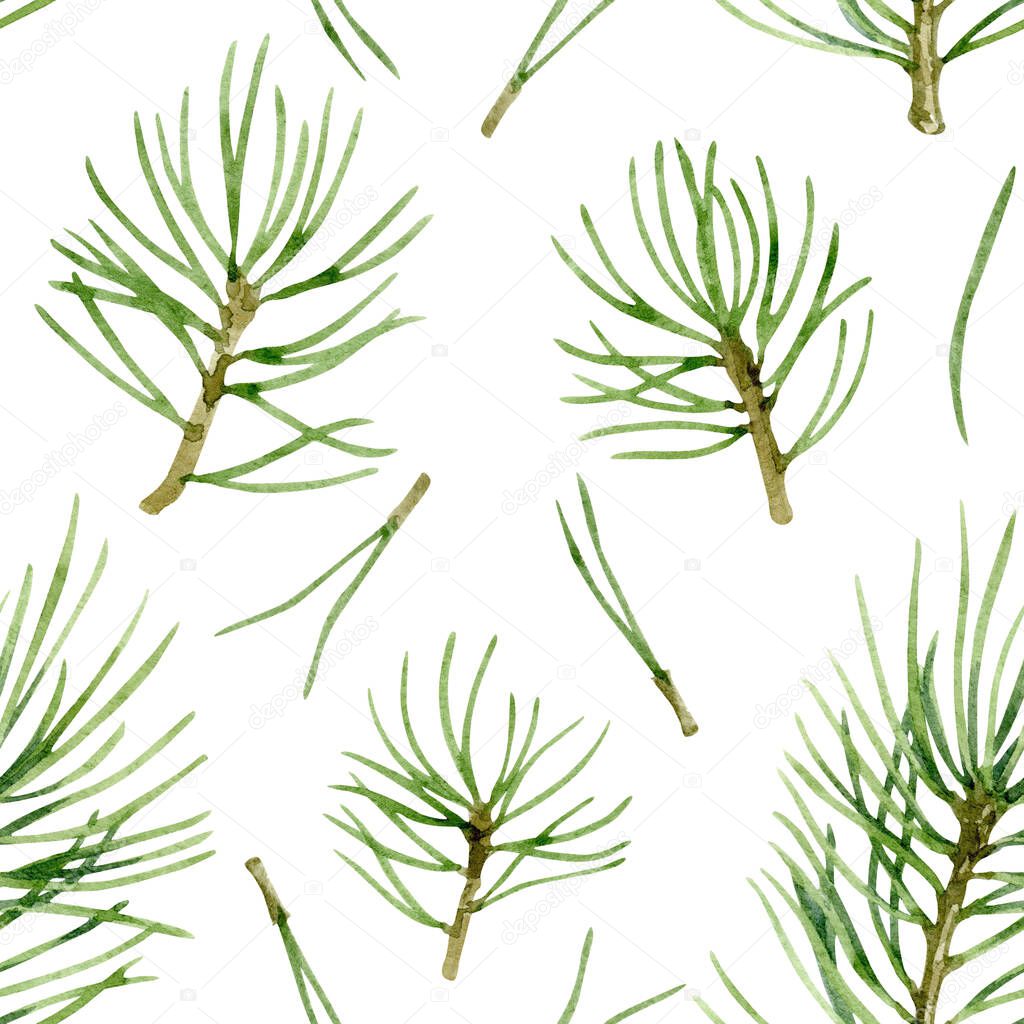 Seamless pattern with christmas branch. Watercolor illustration isolated on white background.