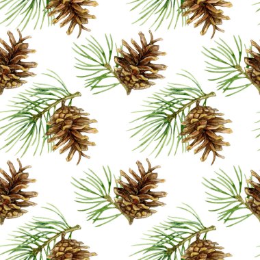 Noel dalında ve kozalaklarda kusursuz desen. Suluboya çizimi beyaz arkaplanda izole edildi.