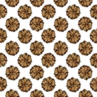 Çam kozalaklarıyla kusursuz desen. Suluboya çizimi beyaz arkaplanda izole edildi.