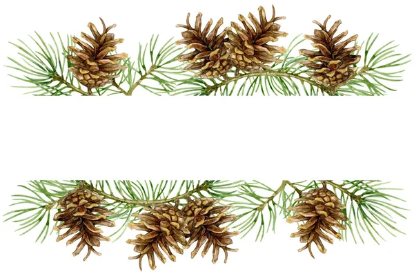 テキストのための場所とトウヒの枝やコーンのクリスマスバナー 白を基調とした水彩イラスト 招待状 グリーティングカード プリント パッケージなど — ストック写真