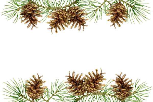 圣诞横幅的云杉树枝和圆锥与地方的文字 白色背景上孤立的水彩画 印刷品 包装等 — 图库照片