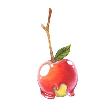 Beyaz arkaplanda izole edilmiş karamelli elmanın suluboya çizimi.