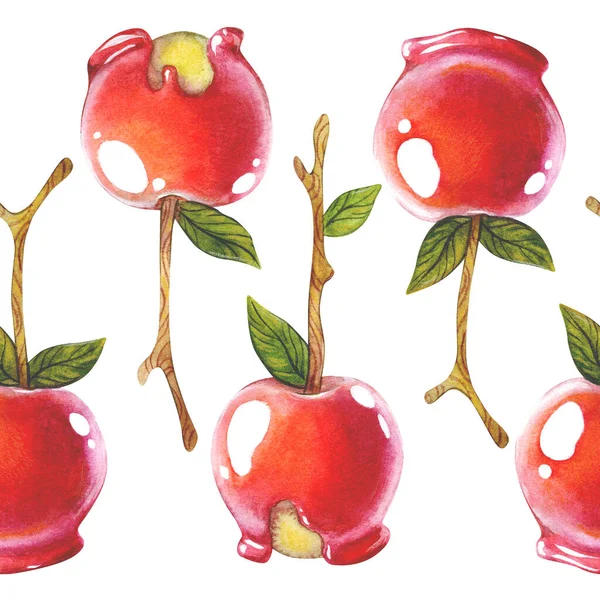 Nahtloser Rand mit Karamell-Äpfeln isoliert auf weißem Hintergrund. — Stockfoto