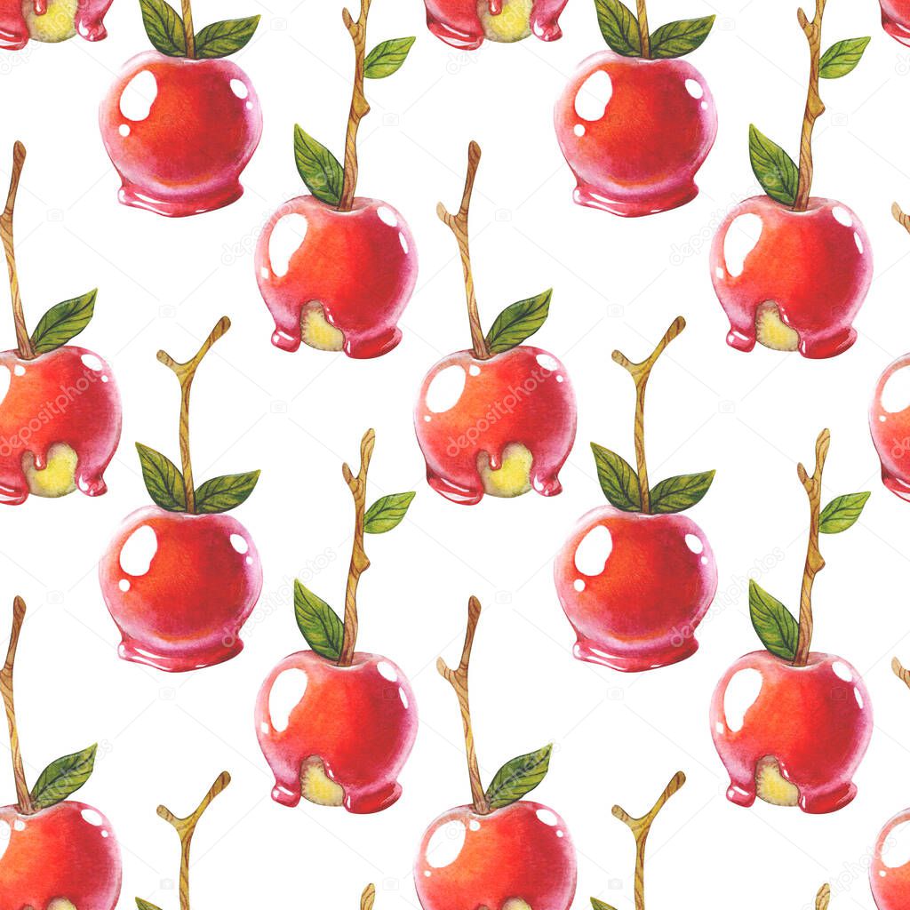 Seamless pattern with caramel apples isolated on white background.