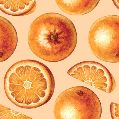Portakallı kusursuz desen. El çizimi resimlerin parlak meyve koleksiyonu. Ambalaj kağıdı, tekstil ve menülerde kullanılabilir..