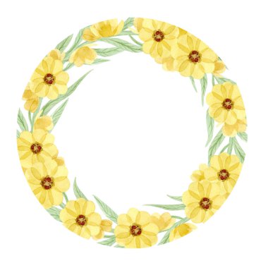 Watercolor frame with yellow flowers isolated on white background.