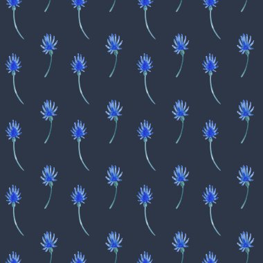 Watercolor pattern with blue flowers and leaves on a dark background.