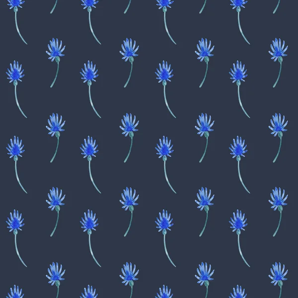 Watercolor pattern with blue flowers and leaves on a dark background. — Stockfoto