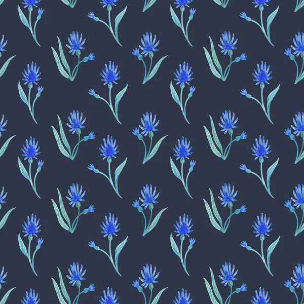 Watercolor pattern with blue flowers and leaves on a dark background. — Foto Stock